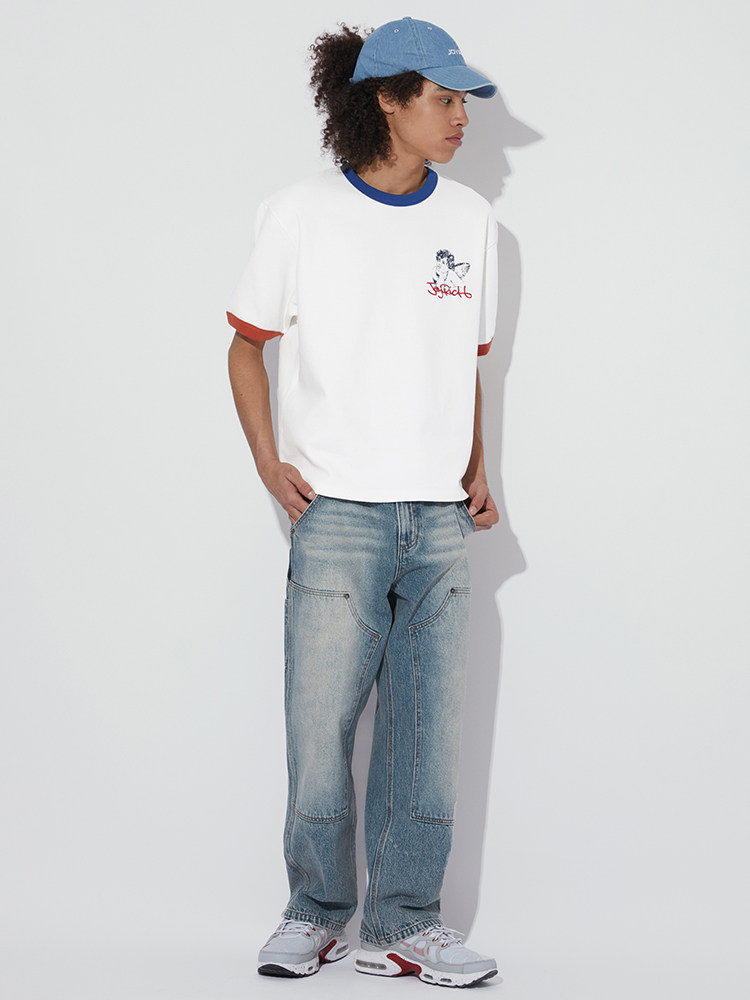 JOYRICH 2024 가을 겨울 같은 스타일 미국 복고풍 더블 무릎 작업복 남성과 여성을위한 스트레이트 루즈 캐주얼 데님 바지