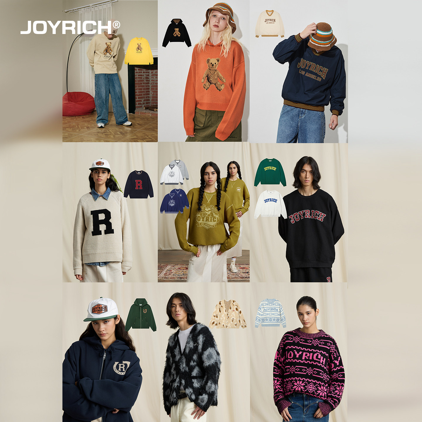 JOYRICH美式复古长袖T恤上衣套头衫开衫连帽卫衣男女同款秋冬