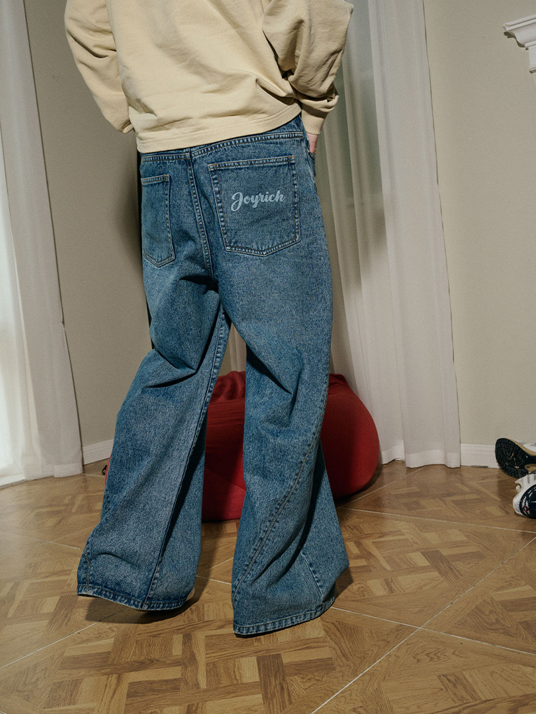 JOYRICH 가을 겨울 같은 스타일의 아메리칸 레트로 스트리트 워싱 및 디스트레스드 와이드 레그 캐주얼 바닥 길이의 남성 및 여성용 데님 팬츠