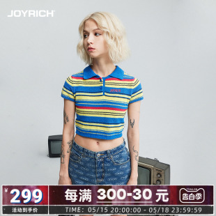 高腰POLO领针织T恤24春夏新款 女衬衫 复古撞色条纹短袖 JOYRICH美式