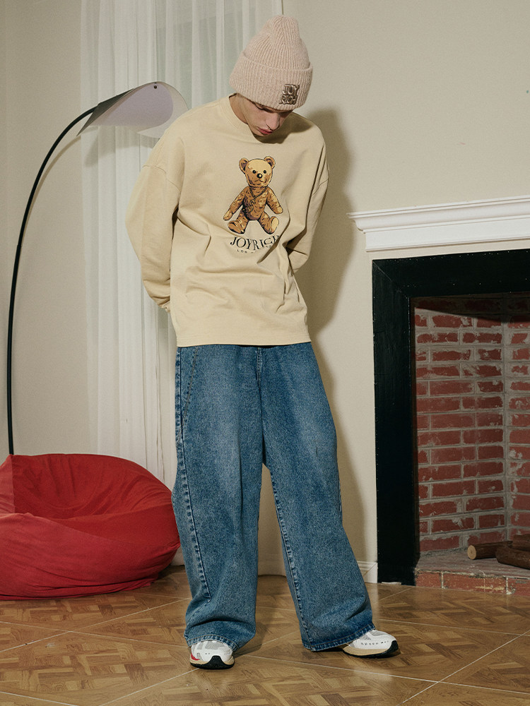 JOYRICH 가을 겨울 같은 스타일의 아메리칸 레트로 스트리트 워싱 및 디스트레스드 와이드 레그 캐주얼 바닥 길이의 남성 및 여성용 데님 팬츠