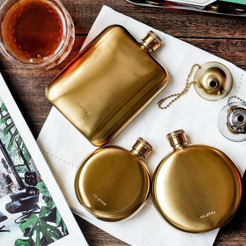 现货replay金色小酒壶创意冬天随身酒杯酒瓶3盎司5盎司304不锈钢