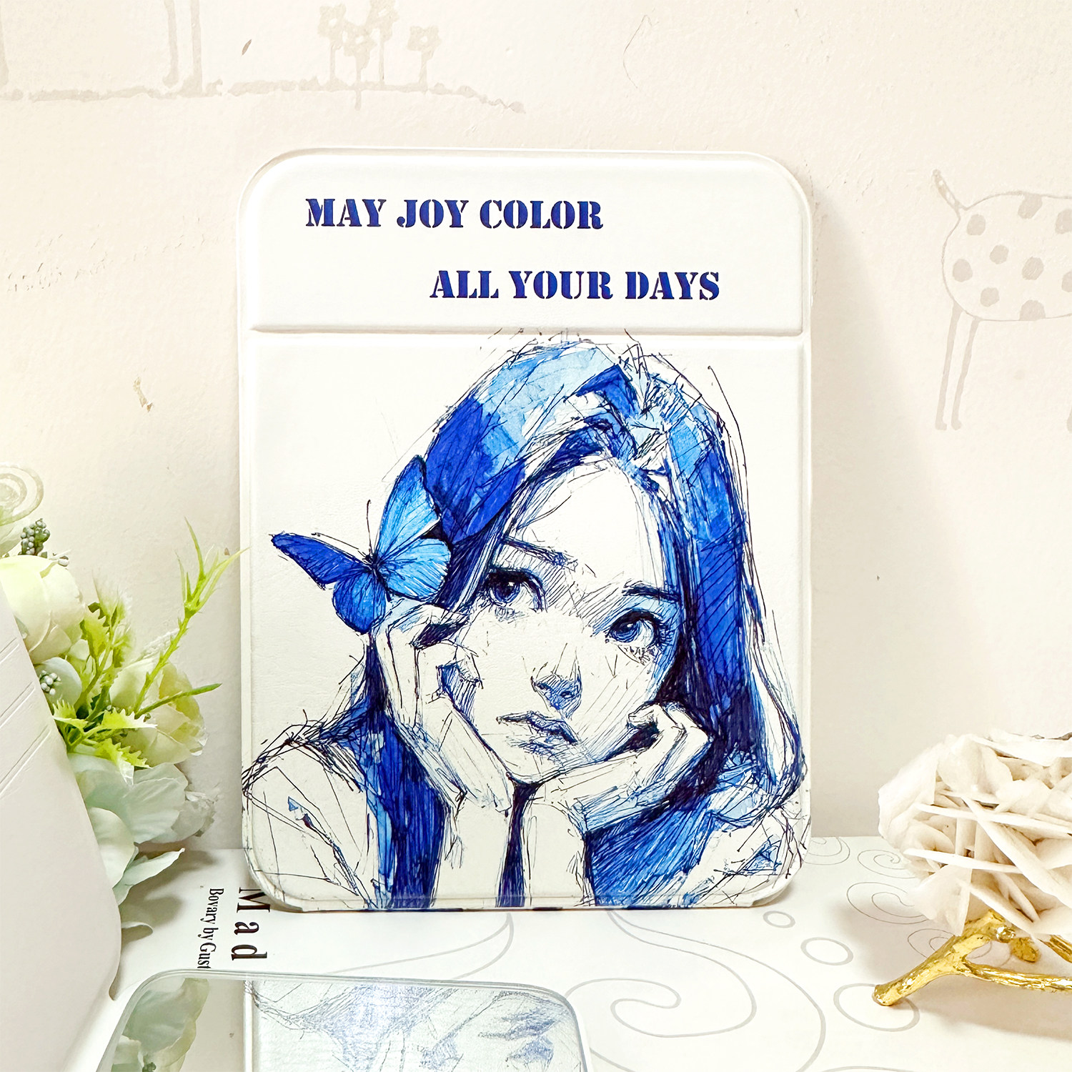 小清新线条素描女孩引蝶插画折叠化妆镜手持可爱适用居家旅行化妆
