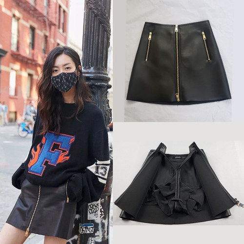 明星同款外穿a字黑色皮裙