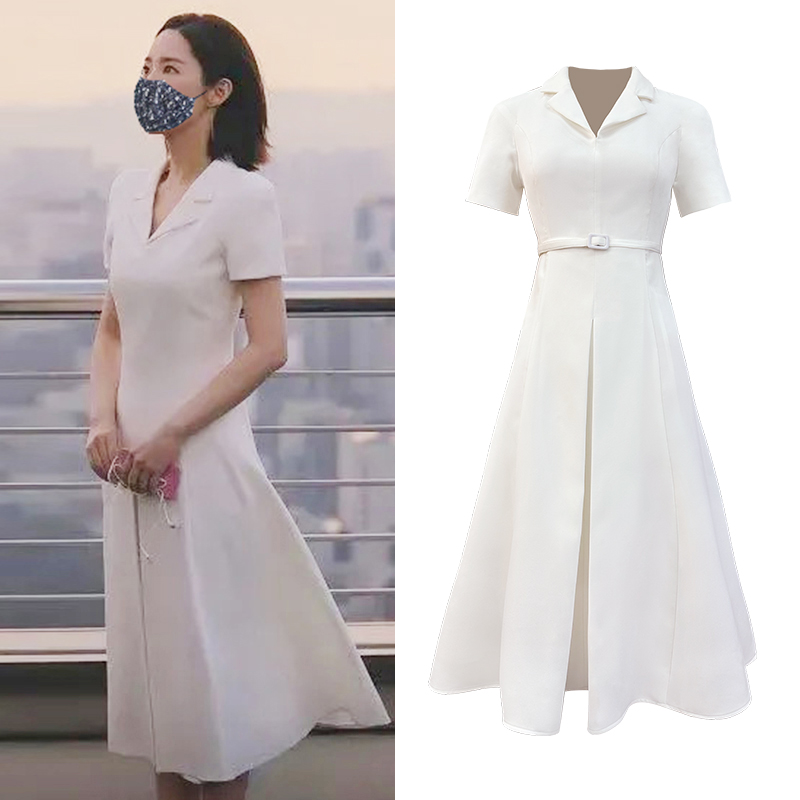 白色翻领连衣裙女通勤气质收腰A字裙短袖裙子中长款修身职业长裙