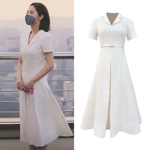 白色翻领连衣裙女通勤气质收腰