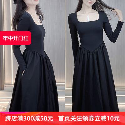 黑色连衣裙女方领蓬蓬裙