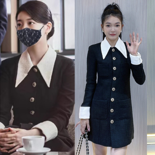 黑色衬衣领连衣裙女小香风高级感名媛长袖a字裙收腰秋冬款裙子