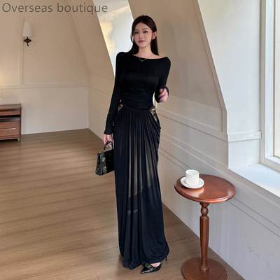 蕾丝拼接褶皱收腰长裙女辣妹连