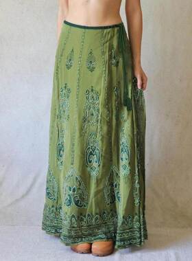 Large swing half length skirt小众印花系带大摆显瘦半身裙长款