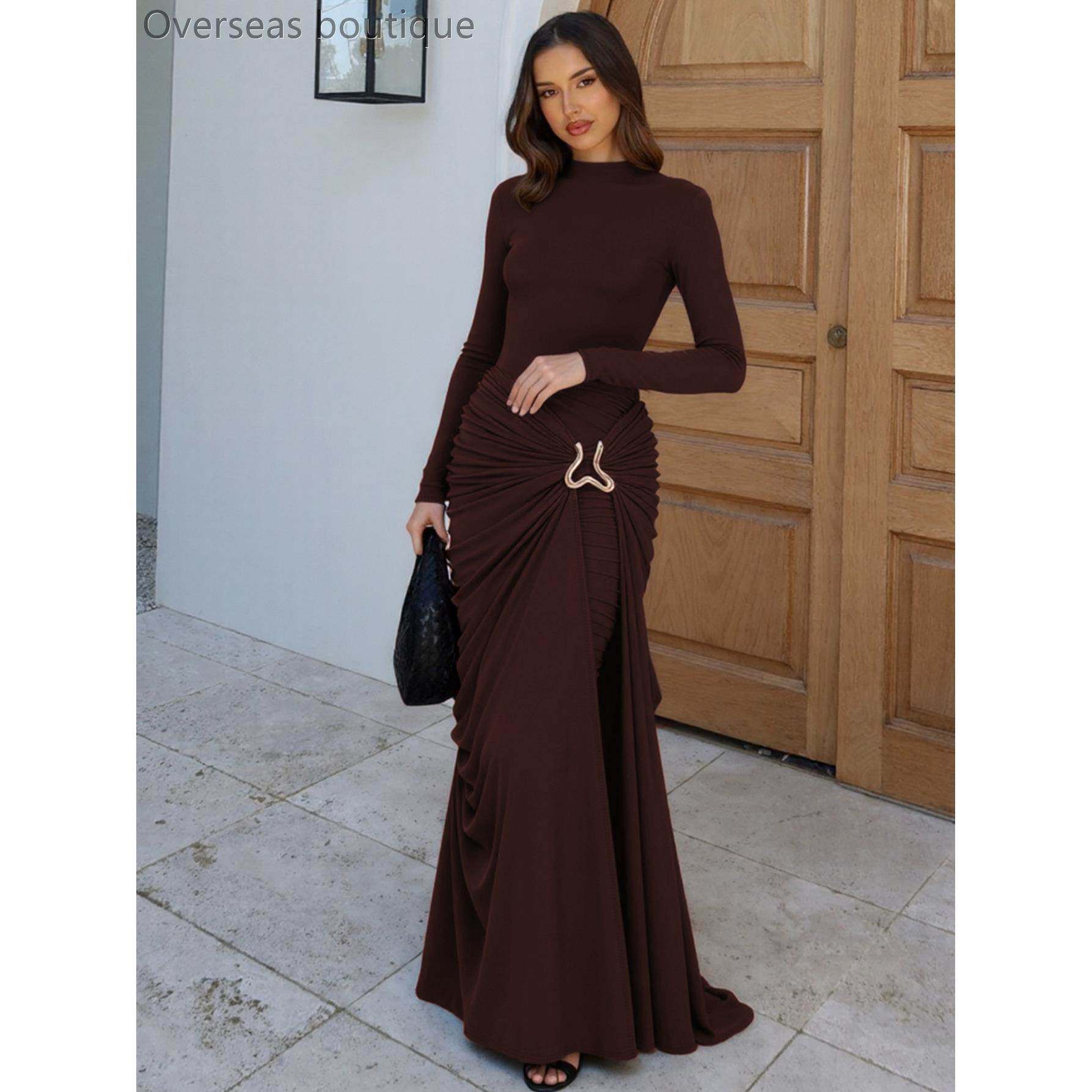 法式长袖圆领长裙收腰包臀连衣裙