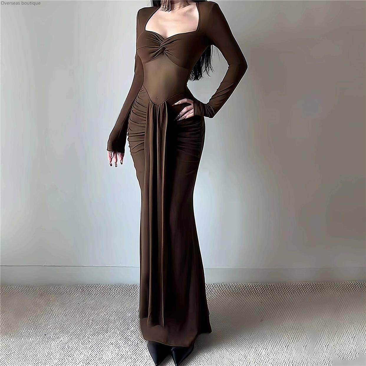 感扭结网纱拼接连衣裙女内搭鱼