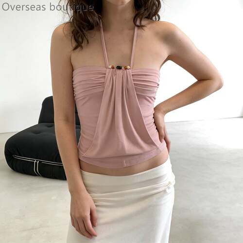 辣妹感串珠挂脖不规则褶皱抹胸背