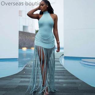 Tassel hanging neck backless dress流苏挂脖修身露背性感连衣裙