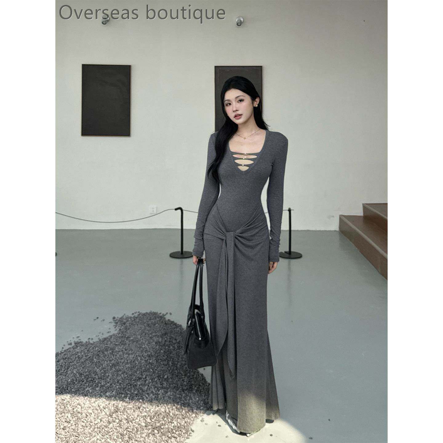 领镂空针织连衣裙女感修身收腰