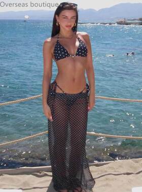 Three piece string bikini set波点三件套系绳分体式比基尼套装