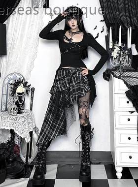 Irregular black checkered skirt亚文化不规则黑格子半裙短裙女