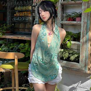 Printed sequin neck hanging elegant top印花亮片辣妹优雅上衣