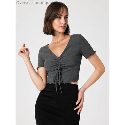 辣妹领抽绳显瘦短款露腰短袖恤