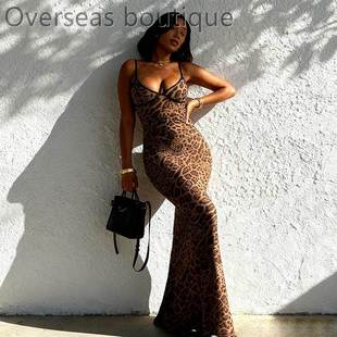 Leopard print jumpsuit long skirt辣妹豹纹吊带鱼尾连衣长裙女