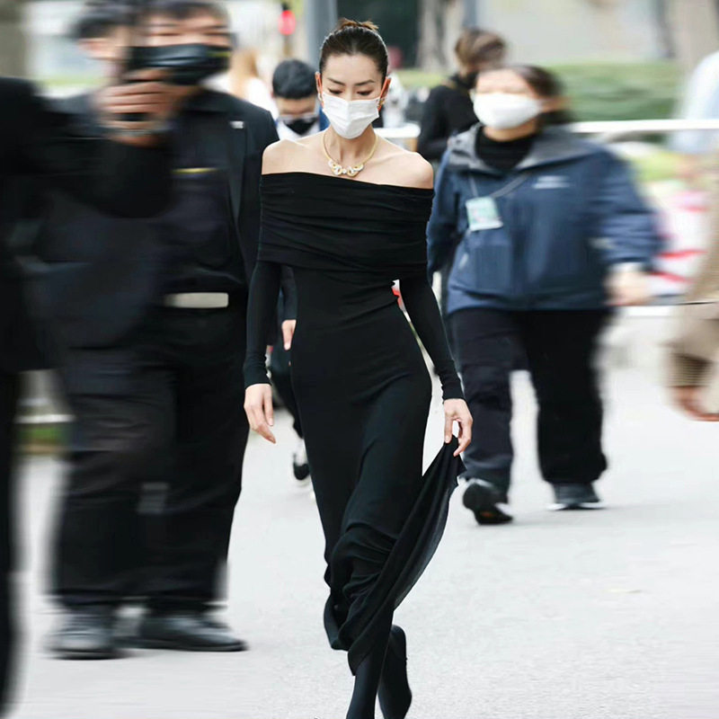 一字肩长袖鱼尾长裙修身连衣裙