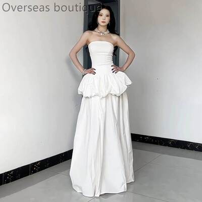 收腰花苞抹胸修身优雅连衣裙