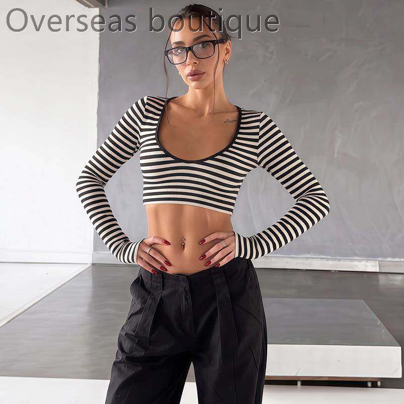 Bottom shirt with striped top辣妹露脐长袖内搭打底衫条纹上衣