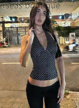Printed spicy girl vest top露脐上衣修身波点印花辣妹背心上衣