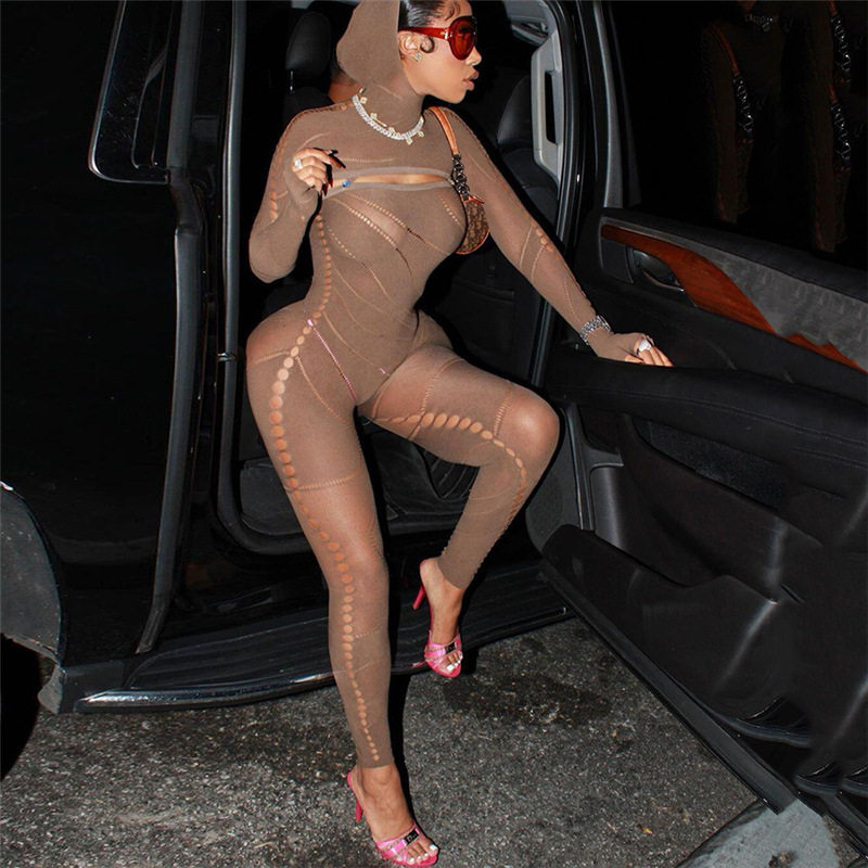 连帽高腰针织连体长裤