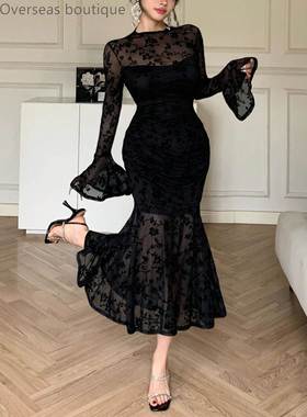 Butt hugging evening gown喇叭袖网纱植绒包臀鱼尾裙优雅晚礼服