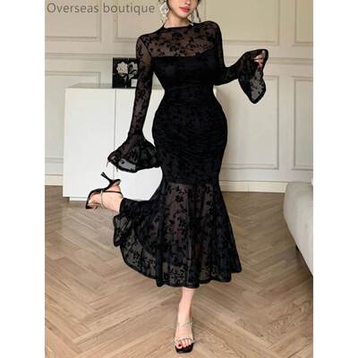 网纱植绒包臀鱼尾裙优雅晚礼服