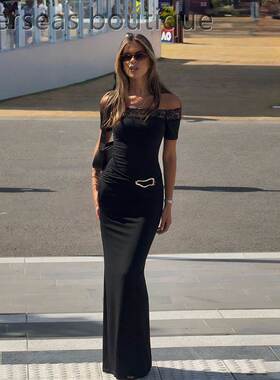 Slim fit hip hugging dress法式一字肩黑色蕾丝御姐包臀连衣裙女