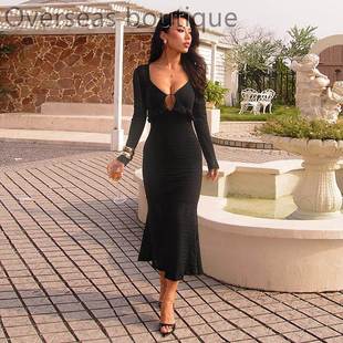 连衣裙修身 Dress gown肌理面料长袖 evening 性感晚礼服 slimming