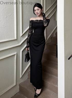 Evening gown dress for women一字肩蕾丝拼接晚礼服修身连衣裙女