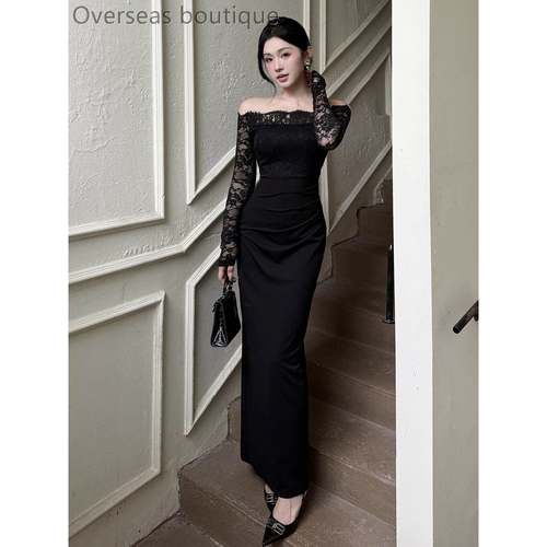 一字肩蕾丝拼接晚礼服连衣裙女