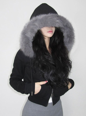 Zipper short cardigan jacket毛毛拼接连帽保暖拉链短款开衫外套