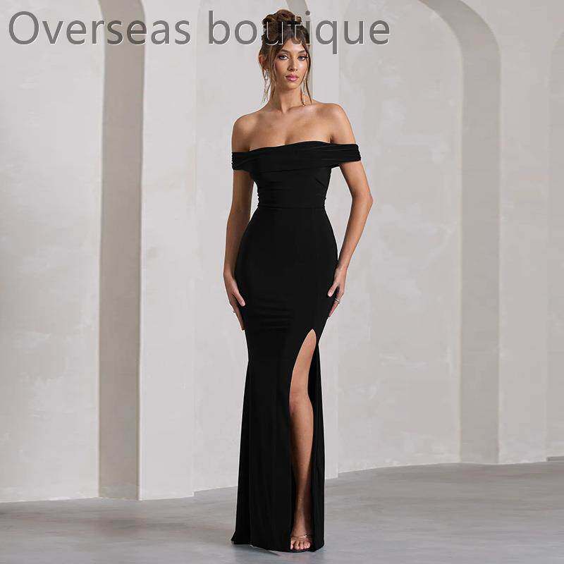 一字肩开叉鱼尾摆连衣裙女