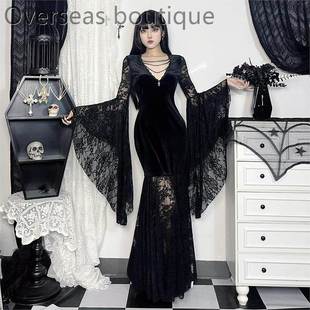Lace patchwork velvet dress万圣节蝙蝠袖蕾丝拼接丝绒连衣裙女