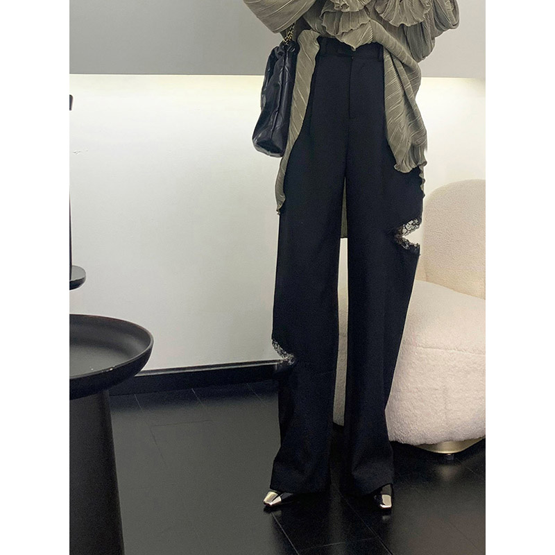 蕾丝不对称设计西裤阔腿裤黑色