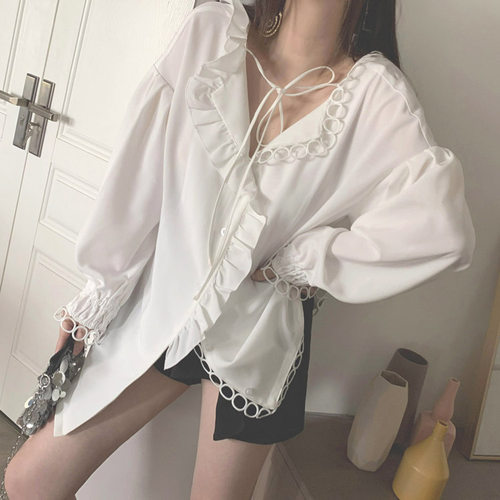 亚麻铜氨丝不对称灯笼袖长衬衫