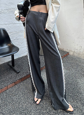 【LAMBO】3米腿长！蕾丝 立体剪裁 暗竖条纹灰色西装裤阔腿裤