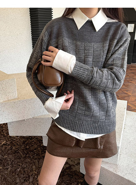 【LAMBO特】miu灰色学院风书呆子nerd风立体方块 羊毛 一字领毛衣