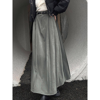 光感暗纹垂感立体大摆百褶半身裙
