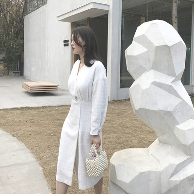 复古粗花呢暗格纹开叉连衣裙