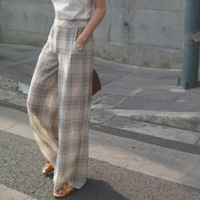 独家复古格纹印花薄纱阔腿裤
