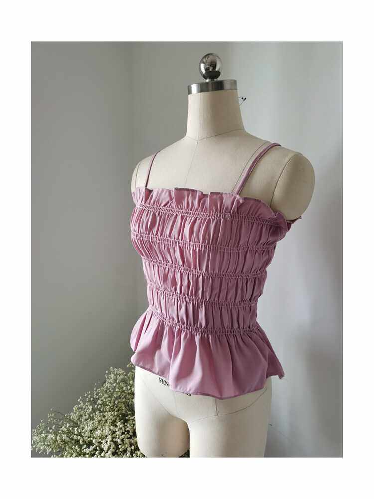一字肩抹胸吊带小衫橡筋褶皱显瘦打底背心灰粉色超仙可爱甜美上衣