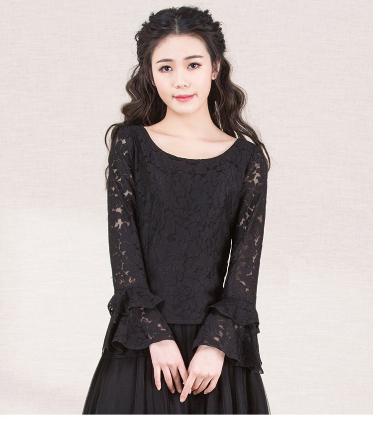 ZHE烟花2022秋季新款女装气质甜美喇叭袖修身蕾丝衫上衣 笛声