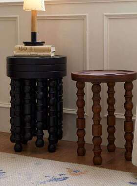 实木矮凳叠放小餐凳子中古风法式复古床边几置物客厅小圆凳换鞋凳