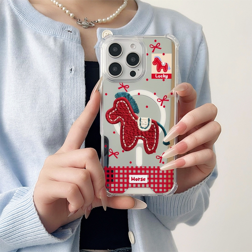 新年红波点小马适用于三星磁吸镜面手机壳苹果17保护小米15iphone17pro新款三星 Galaxy S24全包P60创意图案