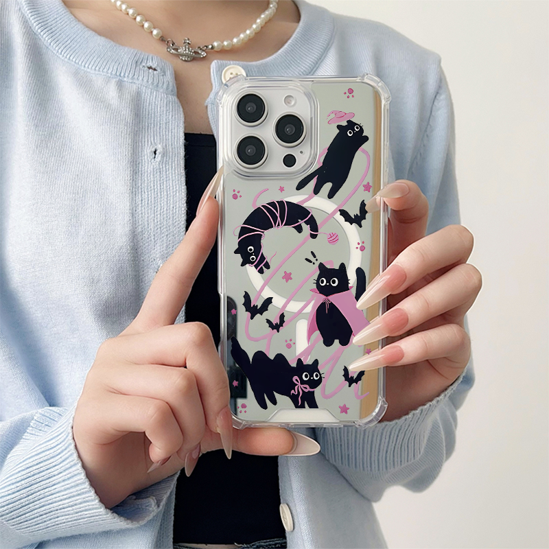 ins紫色缠绕猫咪适用于苹果磁吸镜面手机壳三星GalaxyS23Plus保护小米15华为P60Pro新款Pura70Pro全包P60创意